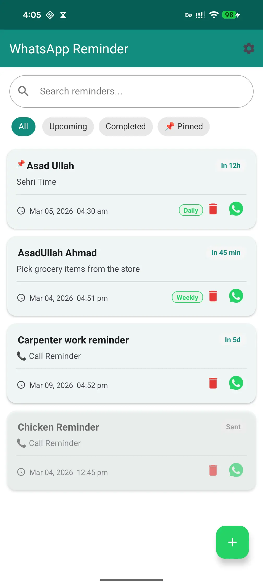 Call & Chat Reminder App